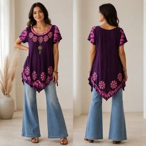 Sunflower Womens Free Size Purple Tie Dye Embroidered Blouse Boho Hippie Top M